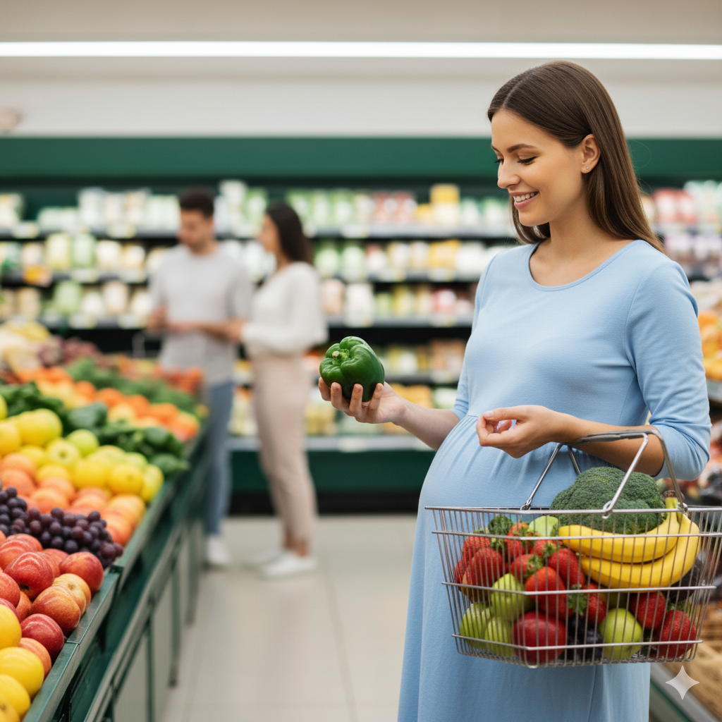 A pregnant woman in a supermarket selecting fresh vegetables